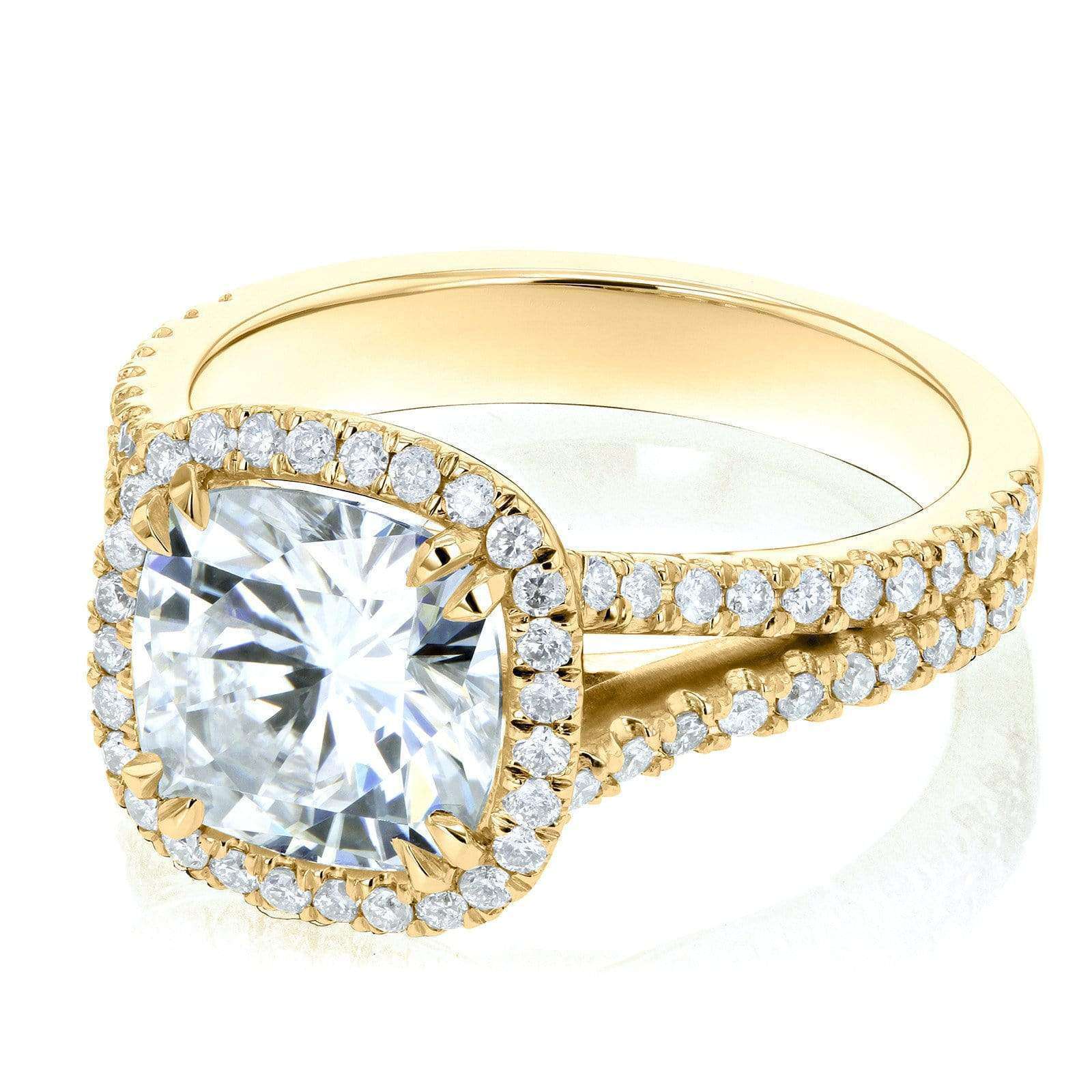 Kobelli Cushion H-I Moissanite with Diamond Split Shank Halo Engagement Ring 3 1/3 CTW 14k Yellow Gold