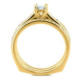 Kobelli Smaragd-Moissanit und quadratischer Diamant-Trellis-Brautsatz mit europäischem Schaft, 1 1/6 CTW, 14 Karat Gelbgold, 3-teilig