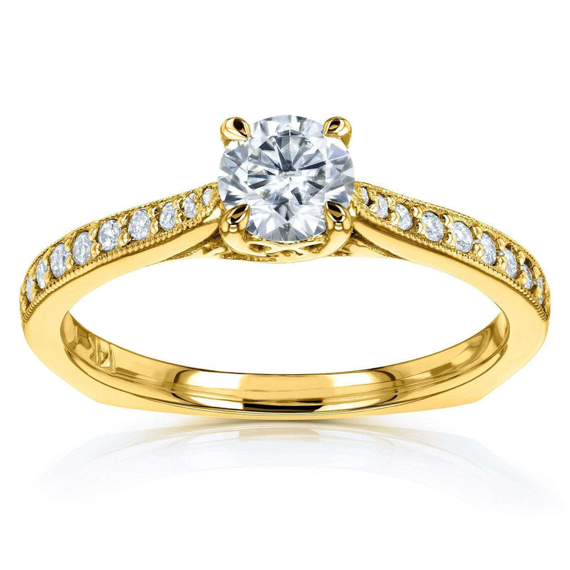 Kobelli Round Moissanite and Diamond Square Shank Trellis Engagement Ring 5/8 CTW 14k Yellow Gold (HI/VS, GH/I)