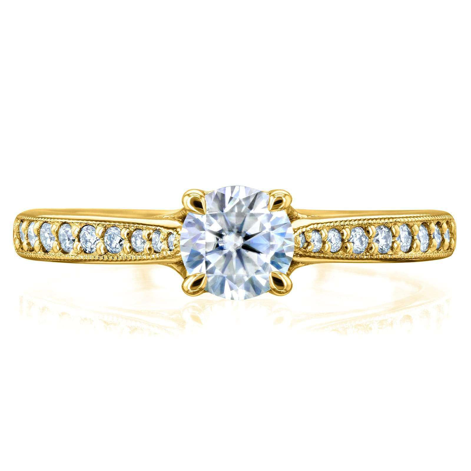 Kobelli Round Moissanite and Diamond Square Shank Trellis Engagement Ring 5/8 CTW 14k Yellow Gold (HI/VS, GH/I)