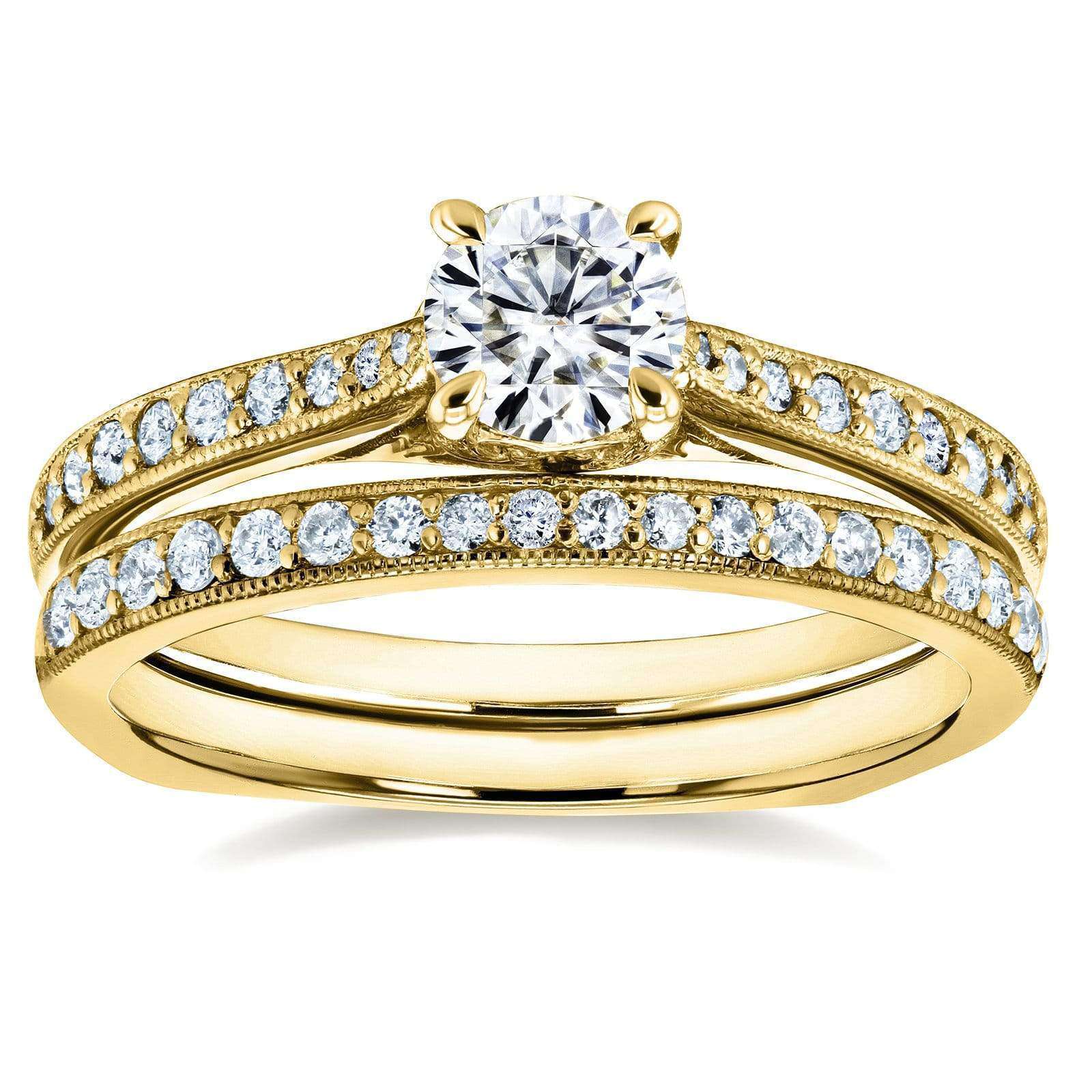 Kobelli Round Moissanite and Diamond Square Shank Trellis 2 Piece Bridal Set 7/8 CTW 14k Yellow Gold (HI/VS, GH/I)