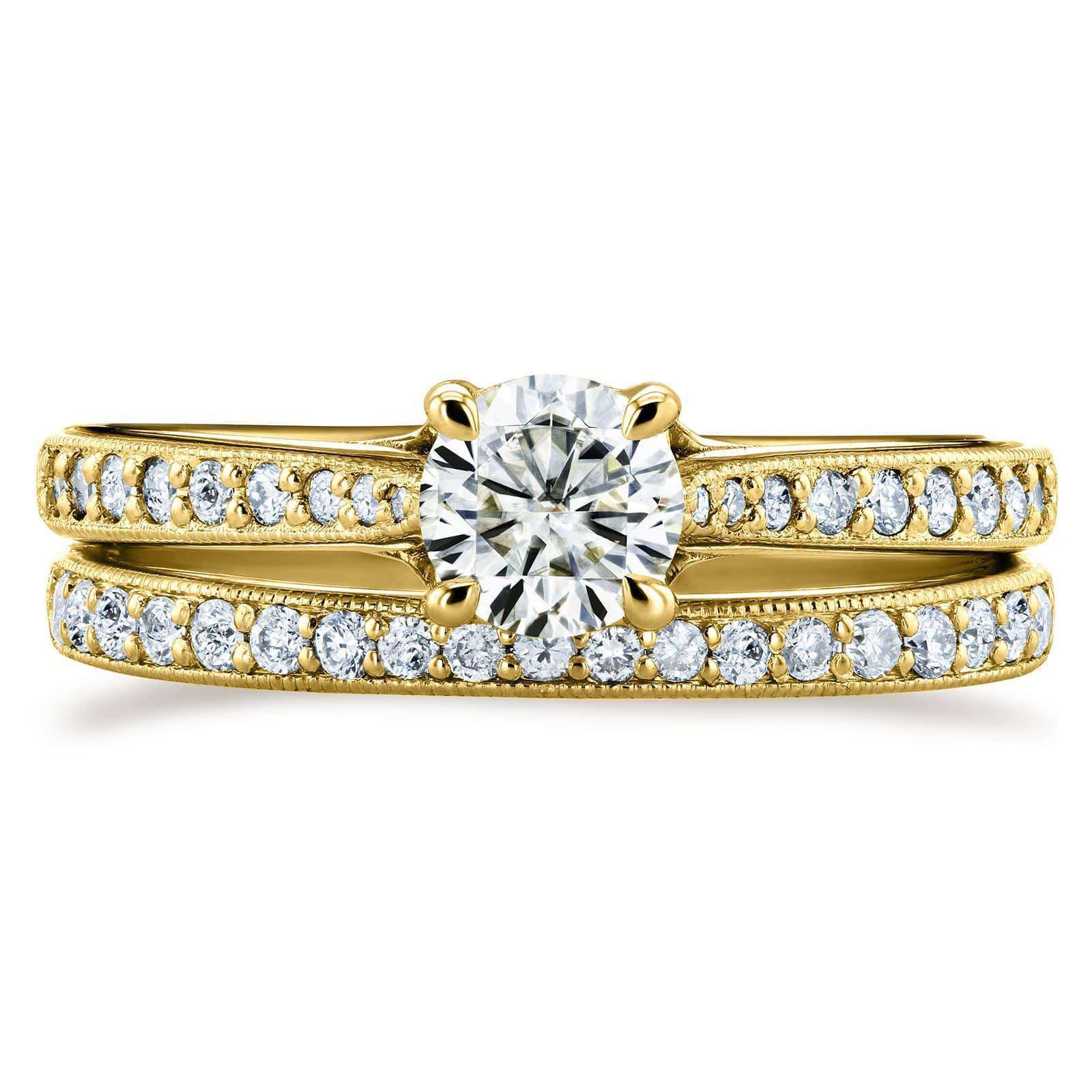 Kobelli Round Moissanite and Diamond Square Shank Trellis 2 Piece Bridal Set 7/8 CTW 14k Yellow Gold (HI/VS, GH/I)