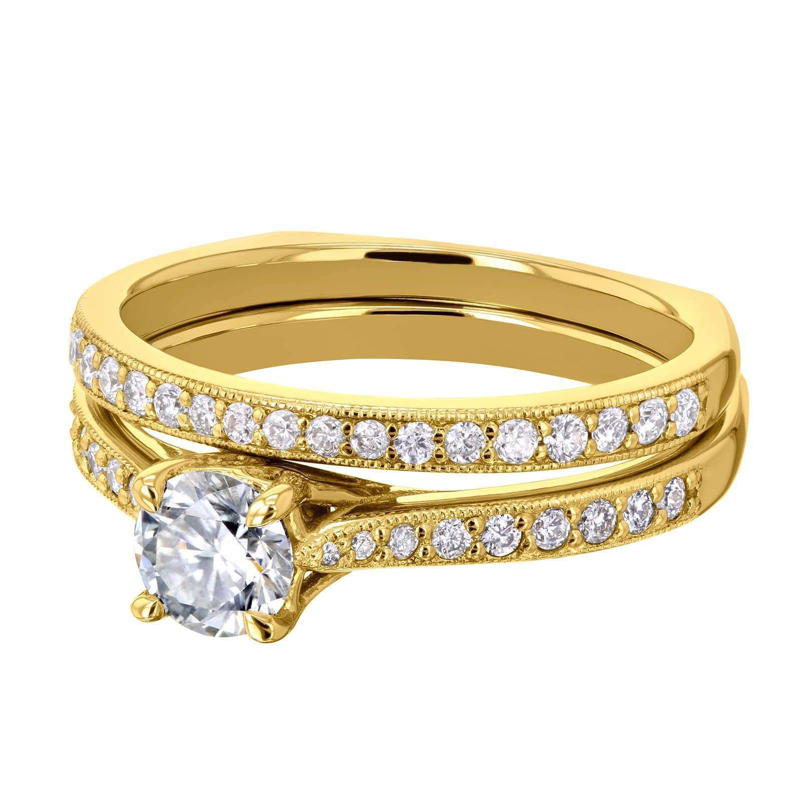 Kobelli Round Moissanite and Diamond Square Shank Trellis 2 Piece Bridal Set 7/8 CTW 14k Yellow Gold (HI/VS, GH/I)