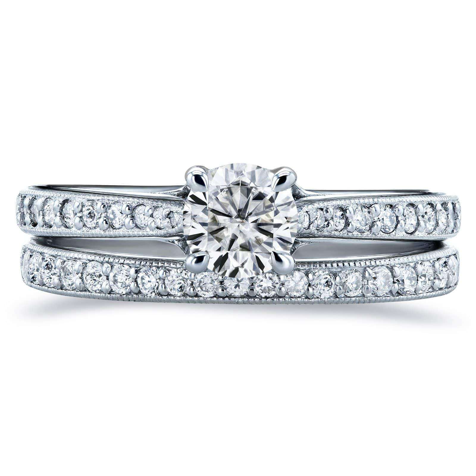 Kobelli Round Moissanite and Diamond Square Shank Trellis 2 Piece Bridal Set 7/8 CTW 14k White Gold (HI/VS, GH/I)