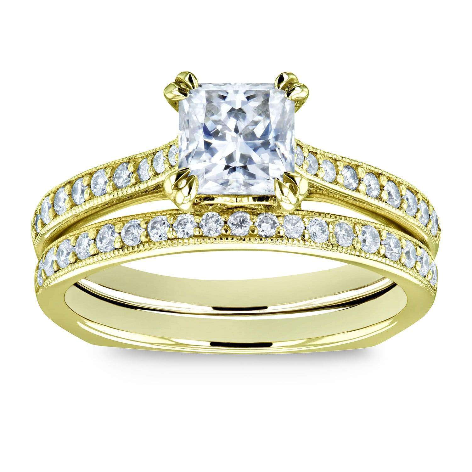 Kobelli Princess Moissanite and Diamond Square Shank Trellis Wedding Rings 1 1/3 CTW 14k Yellow Gold (HI/VS, GH/I)