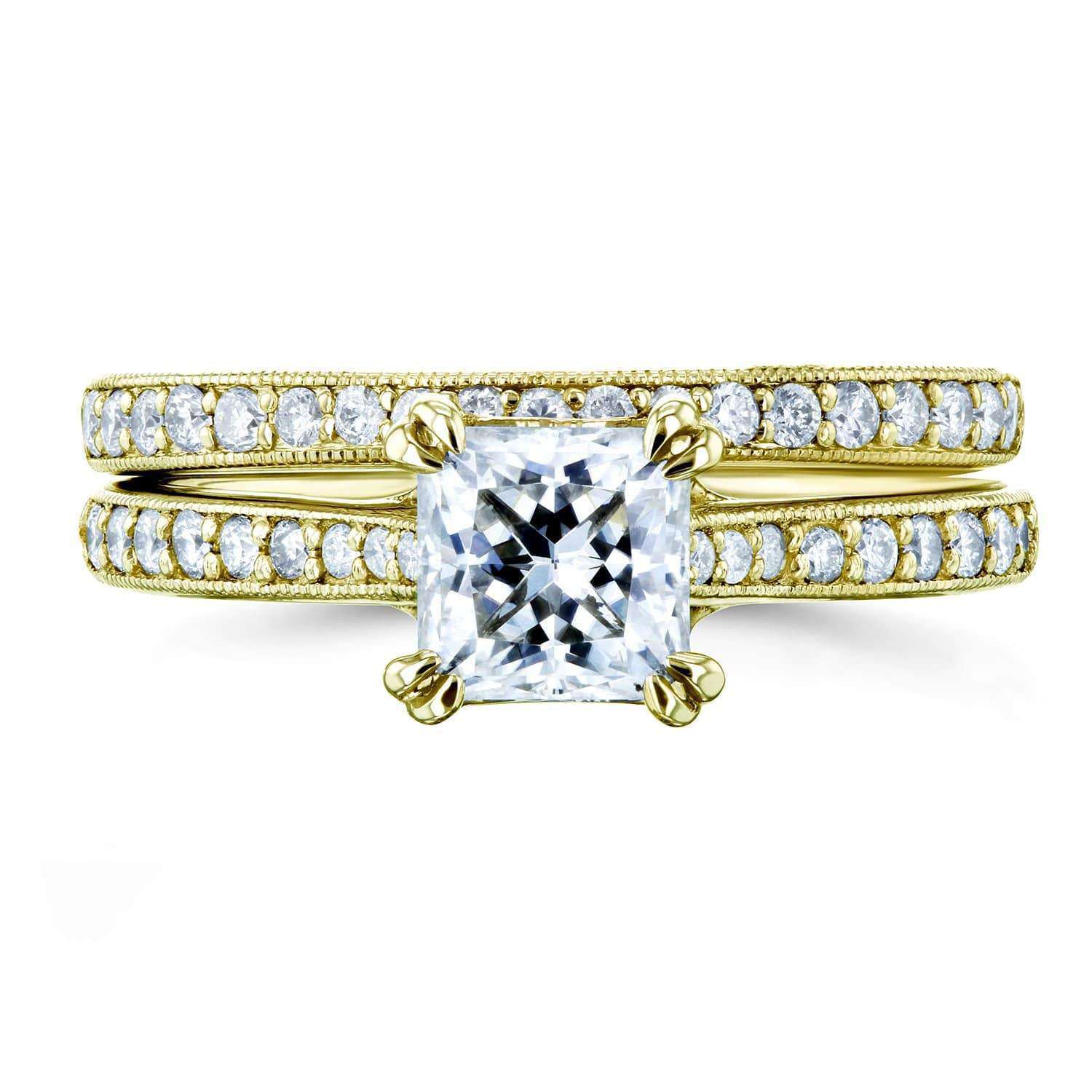 Kobelli Princess Moissanite and Diamond Square Shank Trellis Wedding Rings 1 1/3 CTW 14k Yellow Gold (HI/VS, GH/I)