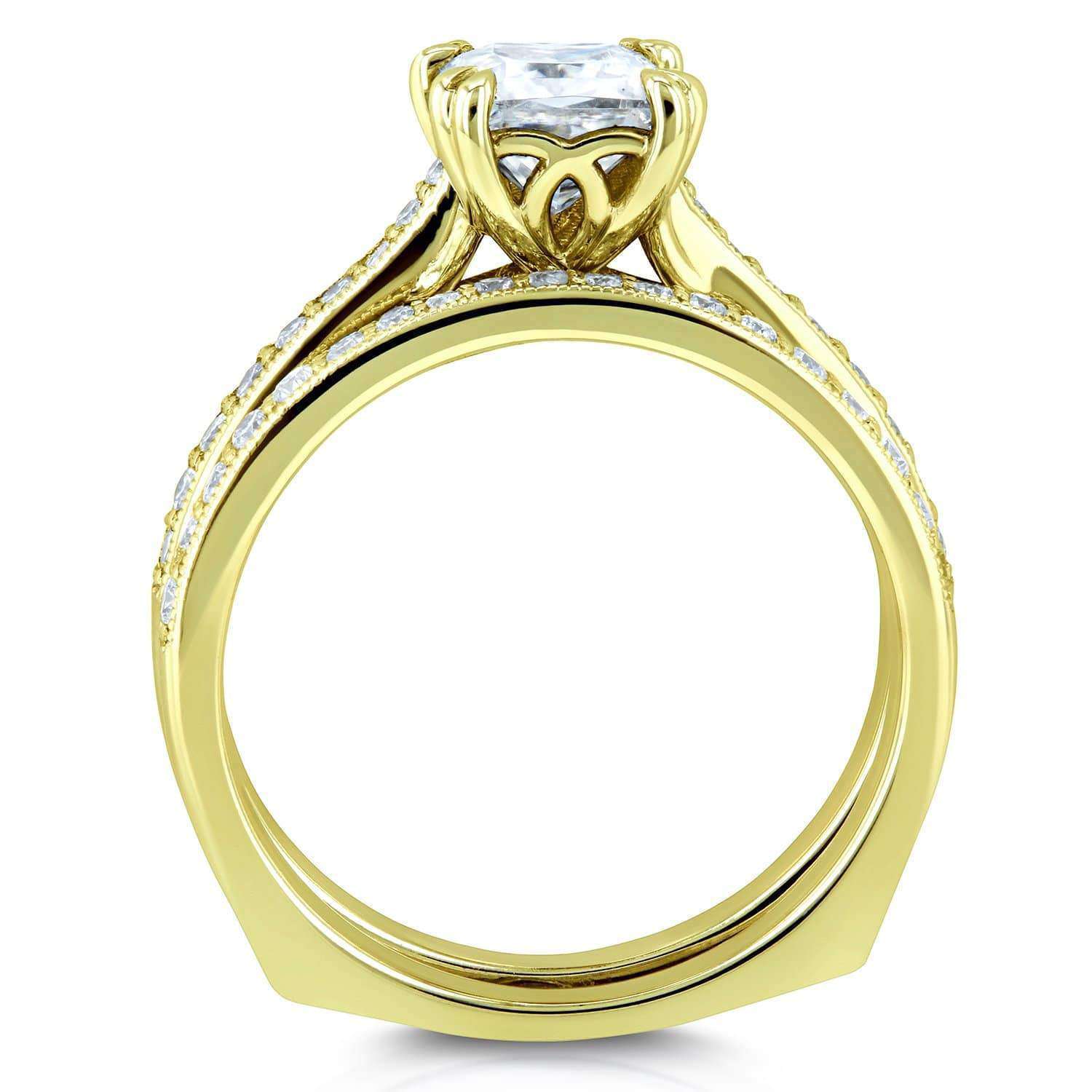 Kobelli Princess Moissanite and Diamond Square Shank Trellis Wedding Rings 1 1/3 CTW 14k Yellow Gold (HI/VS, GH/I)