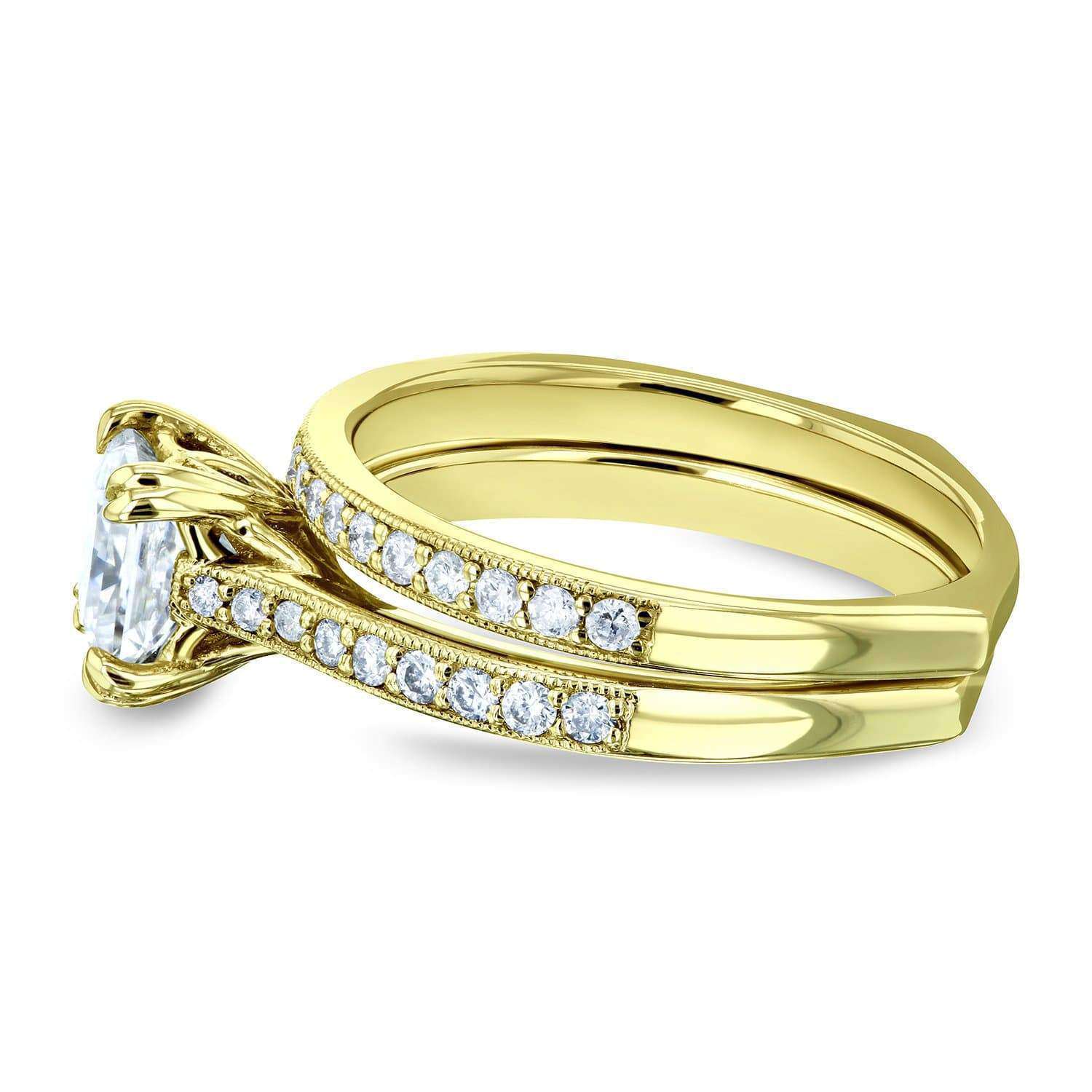 Kobelli Princess Moissanite and Diamond Square Shank Trellis Wedding Rings 1 1/3 CTW 14k Yellow Gold (HI/VS, GH/I)