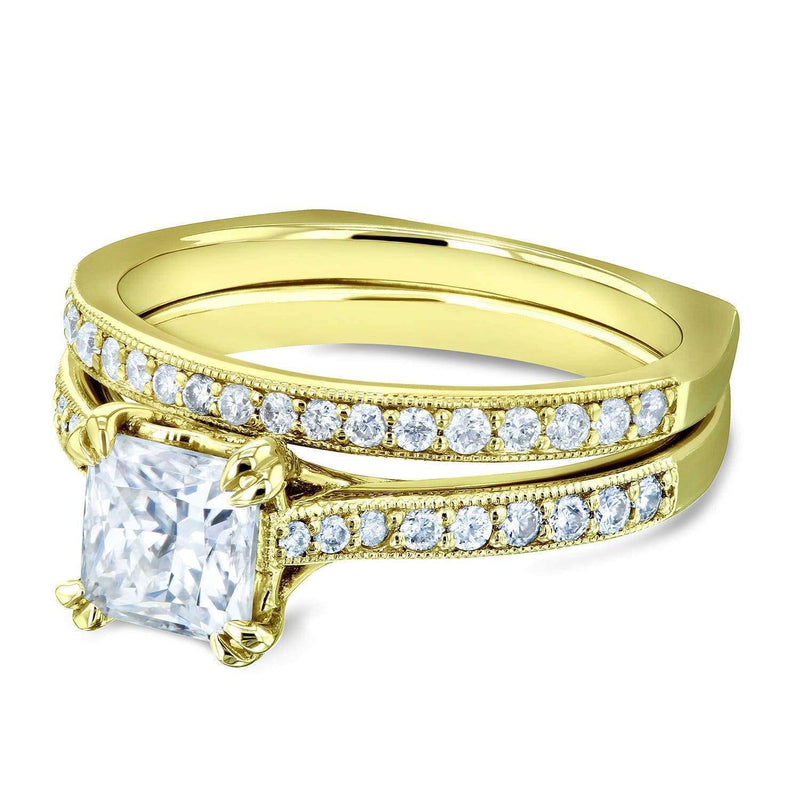 Kobelli Princess Moissanite and Diamond Square Shank Trellis Wedding Rings 1 1/3 CTW 14k Yellow Gold (HI/VS, GH/I)