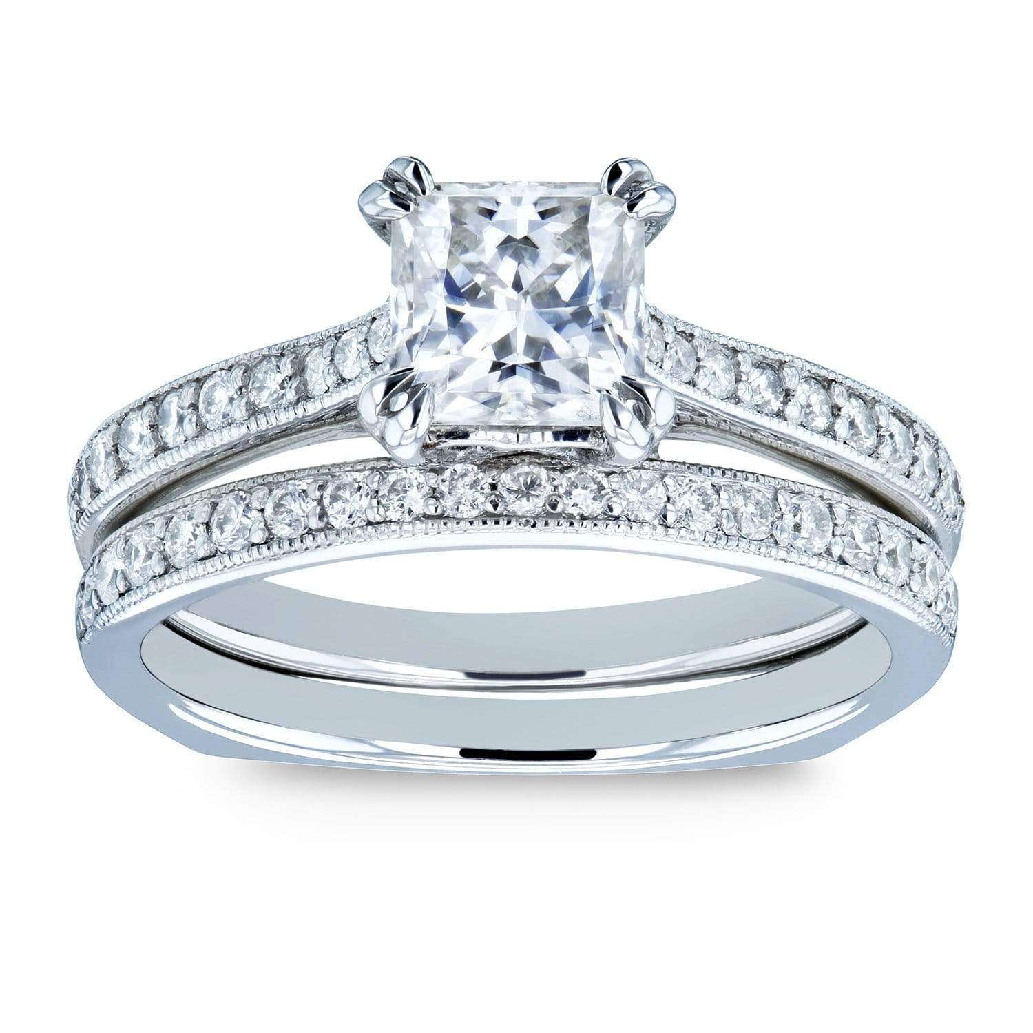 Kobelli Princess Moissanite and Diamond Square Shank Trellis Wedding Rings 1 1/3 CTW 14k White Gold (HI/VS, GH/I)