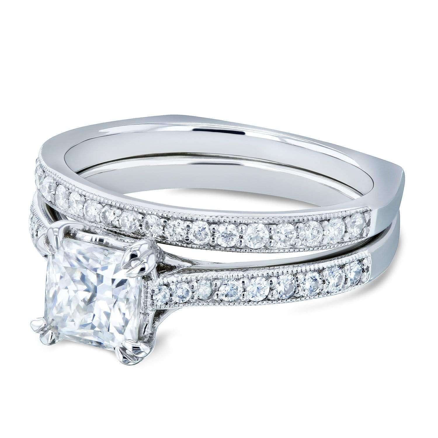 Kobelli Princess Moissanite and Diamond Square Shank Trellis Wedding Rings 1 1/3 CTW 14k White Gold (HI/VS, GH/I)