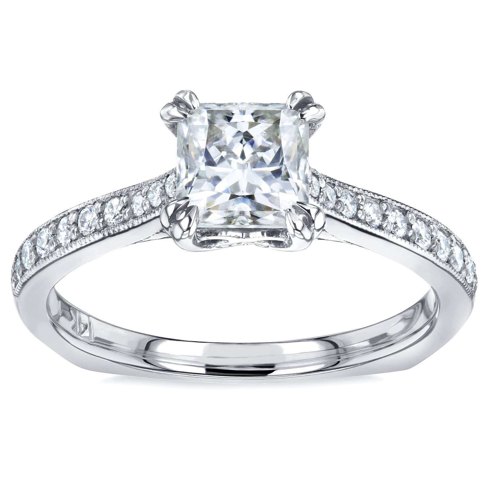 Kobelli Princess Moissanite and Diamond Square Shank Trellis Engagement Ring  1 1/10 CTW 14k White Gold (HI/VS, GH/I)