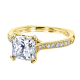 Anel de noivado Kobelli Princess Moissanite e diamante com haste quadrada em treliça 2 1/10 CTW ouro amarelo 14k (HI/VS, GH/I)