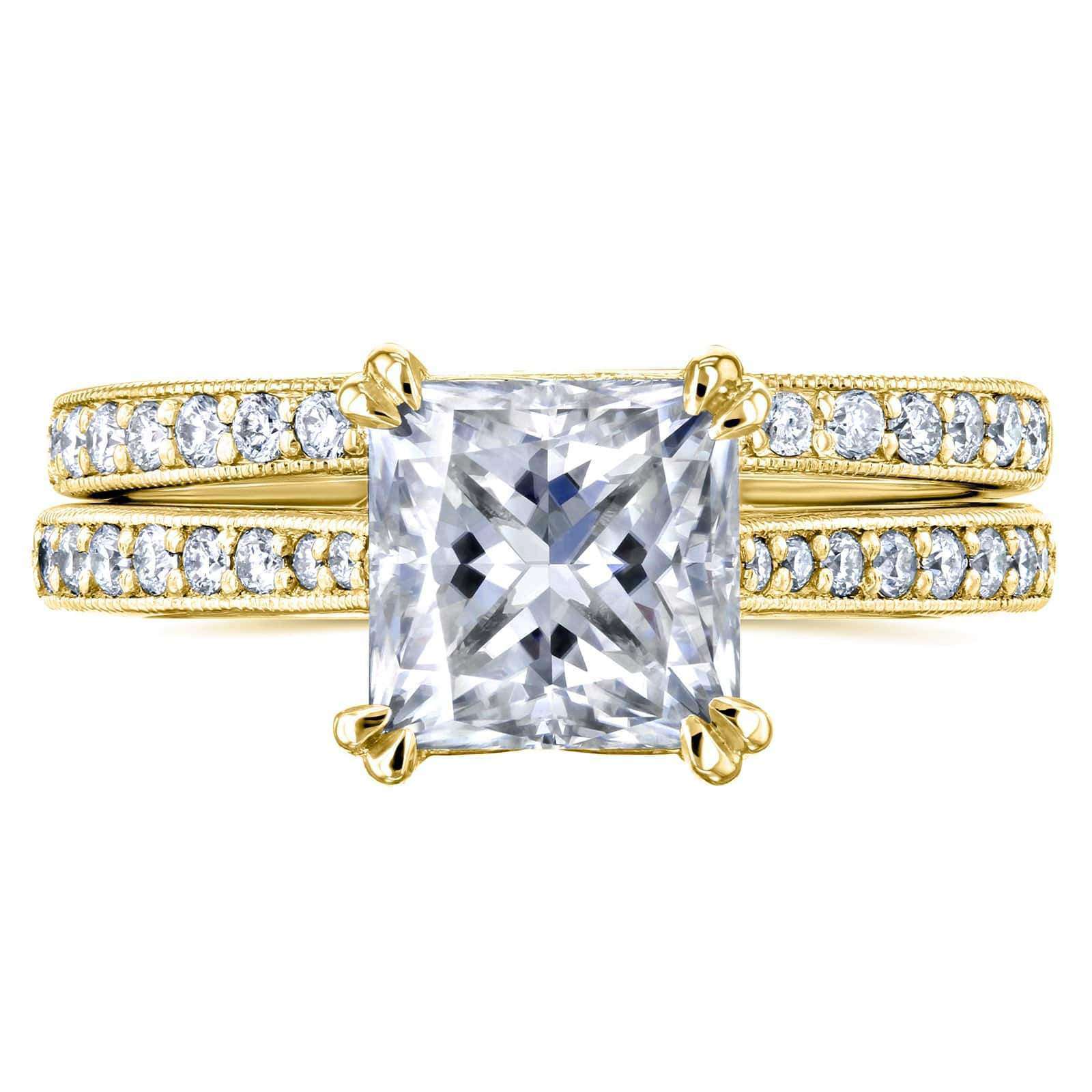 Kobelli Princess Moissanite and Diamond Square Shank Trellis Bridal Set  2 1/3 CTW 14k Yellow Gold (HI/VS, GH/I)