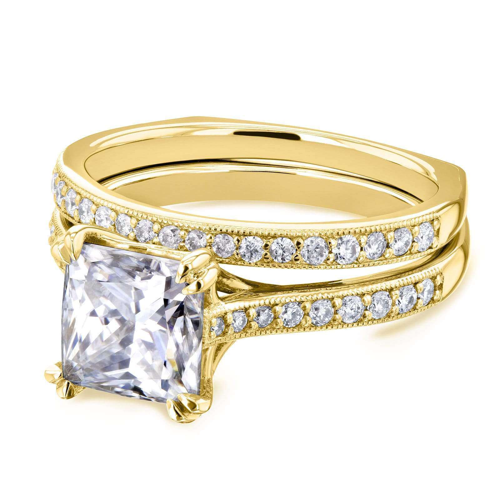 Kobelli Princess Moissanite and Diamond Square Shank Trellis Bridal Set  2 1/3 CTW 14k Yellow Gold (HI/VS, GH/I)