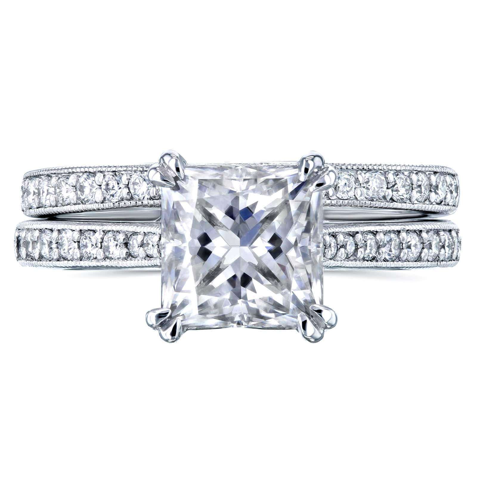 Kobelli Princess Moissanite and Diamond Square Shank Trellis Bridal Set  2 1/3 CTW 14k White Gold (HI/VS, GH/I)