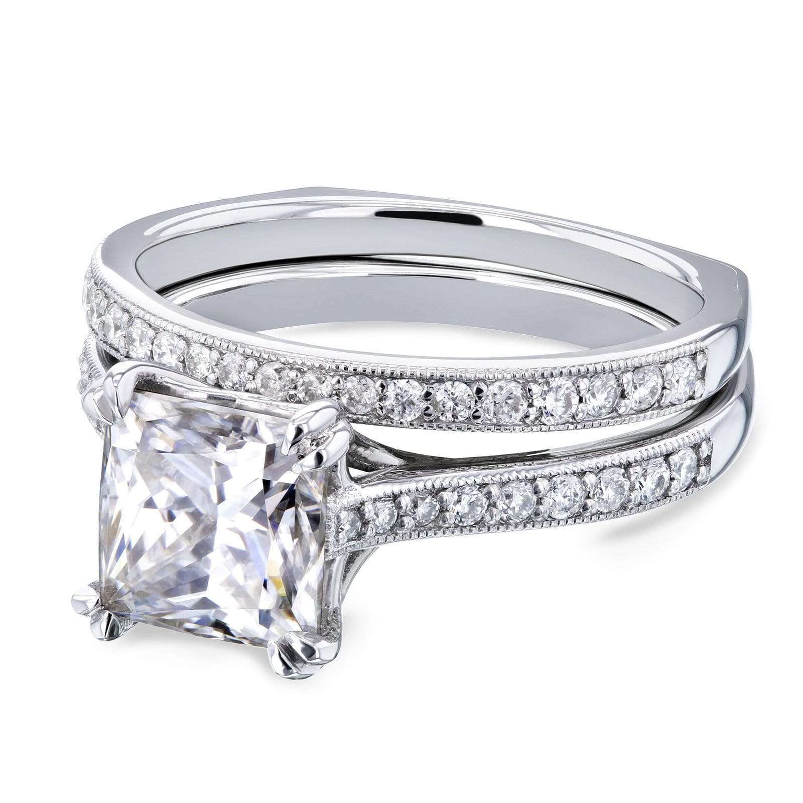 Kobelli Princess Moissanite and Diamond Square Shank Trellis Bridal Set  2 1/3 CTW 14k White Gold (HI/VS, GH/I)