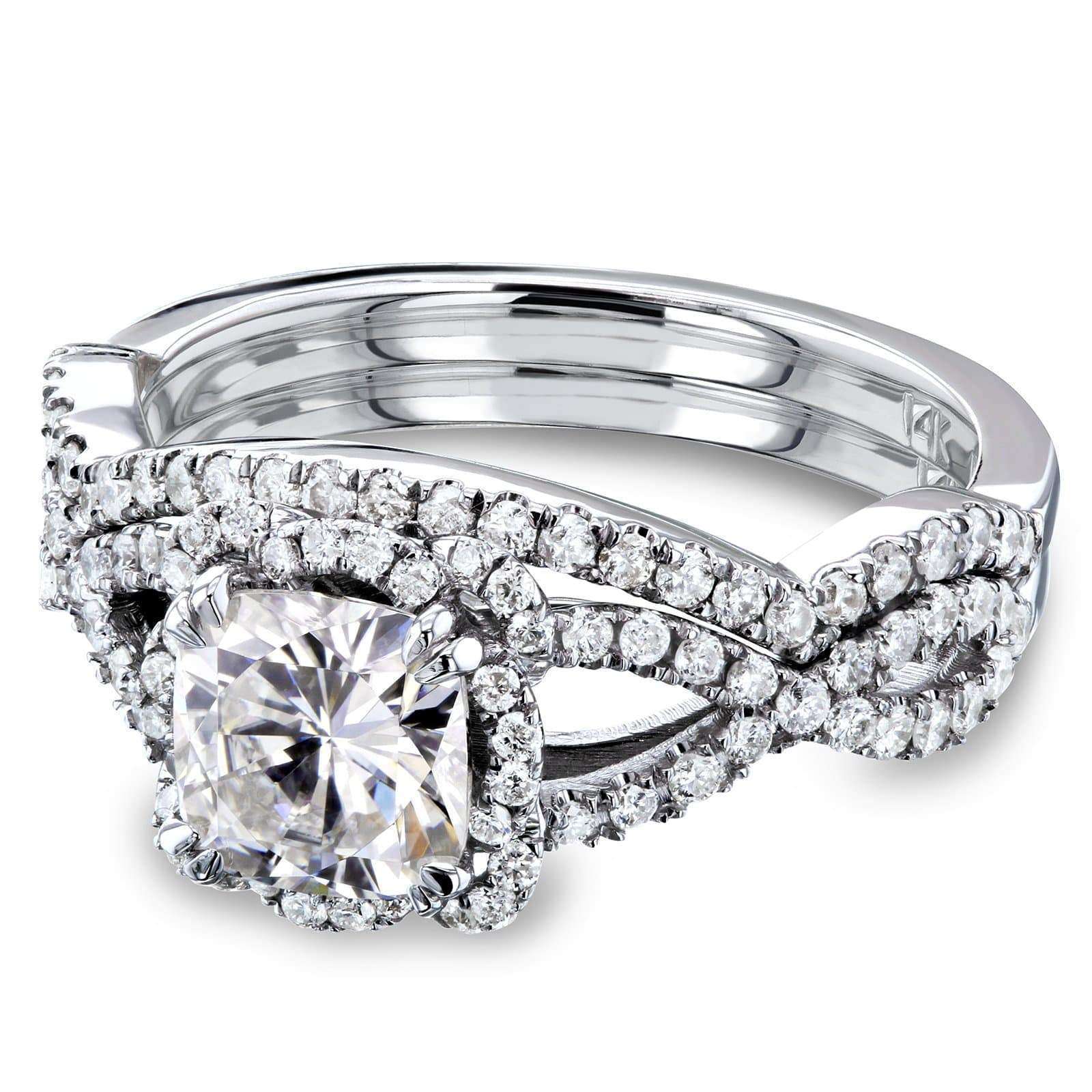 Kobelli Cushion Moissanite and Diamond Fancy Halo Cross Shank Bridal Set, 1-1/2 CTW 14k Gold