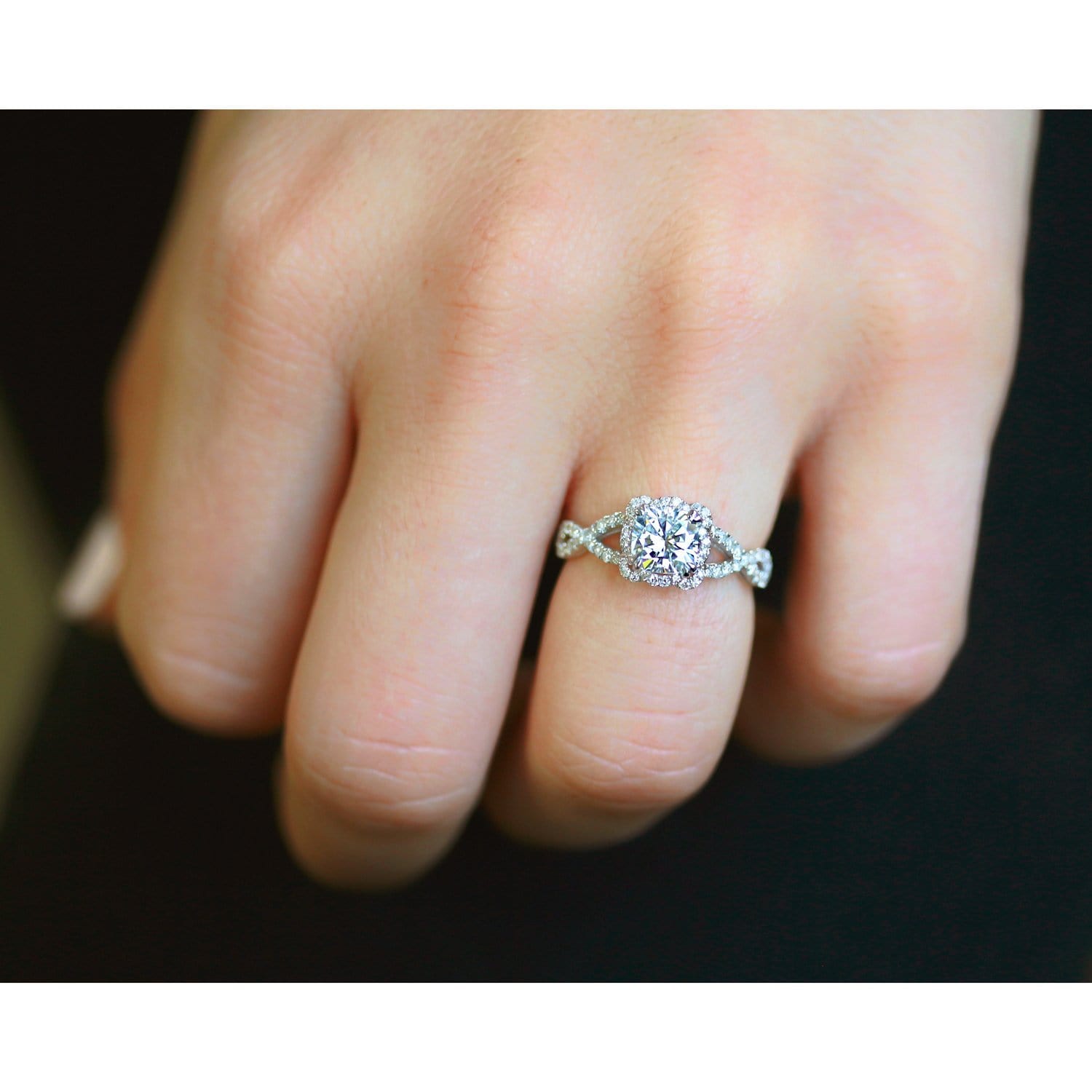 Kobelli Cushion Forever One Moissanite Halo Cross Shank Ring, 1-2/5 CTW 14k Gold