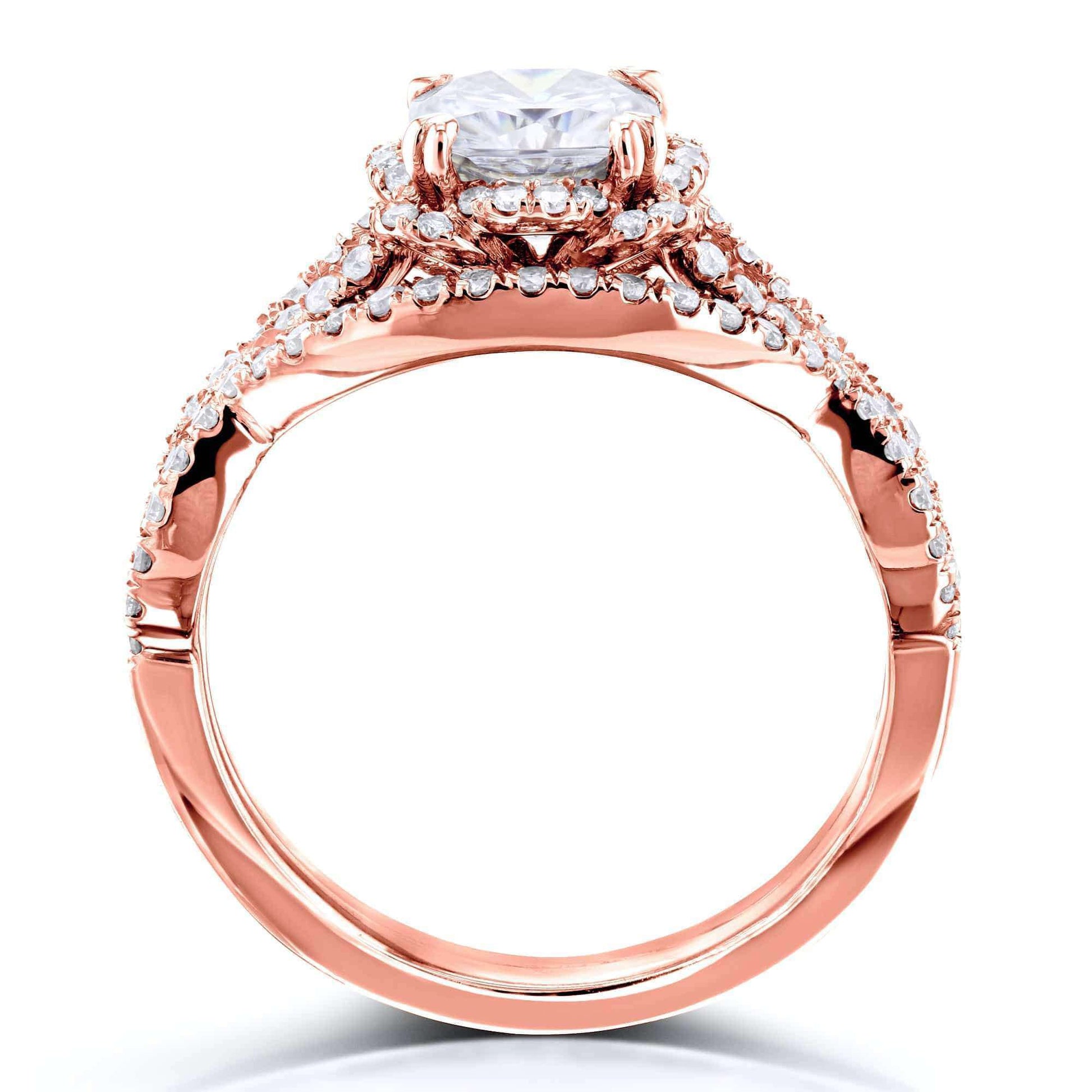 Kobelli Round Moissanite Fancy Halo Cross Shank Gold Bridal Set