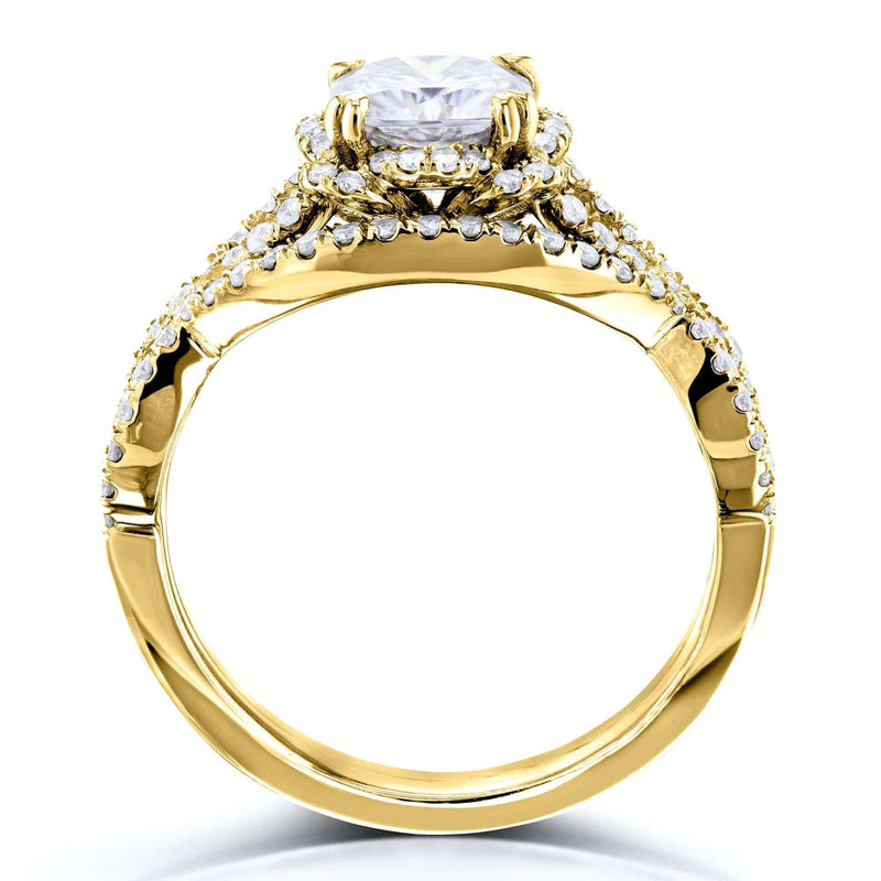 Kobelli Round Moissanite Fancy Halo Cross Shank Gold Bridal Set
