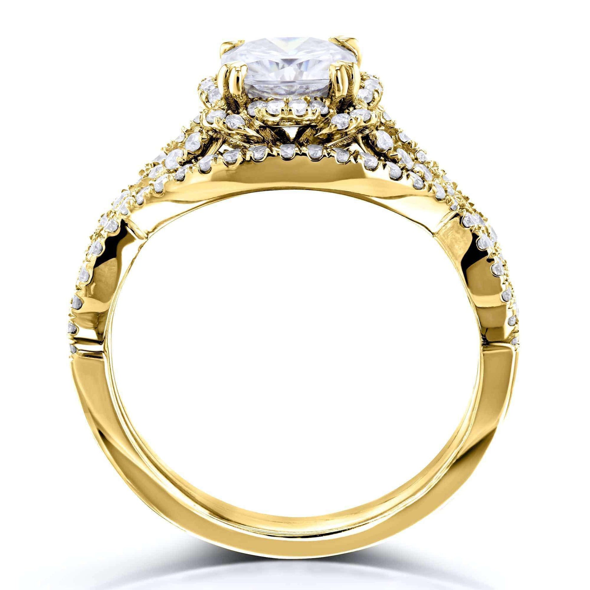 Kobelli Round Forever One Moissanite Halo Cross Shank Gold Bridal Set