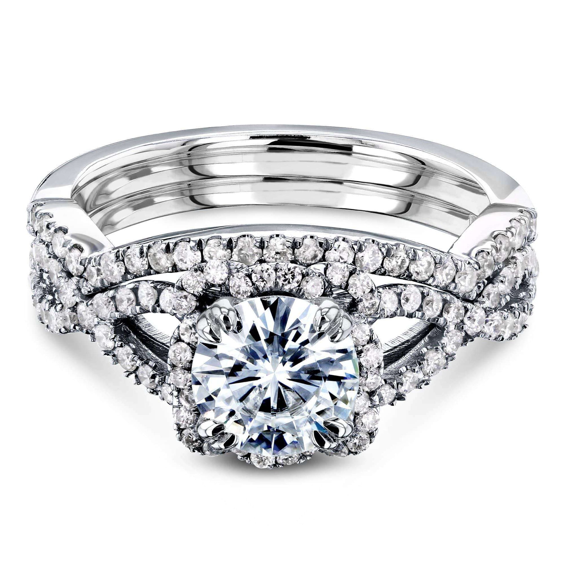 Kobelli Round Moissanite Fancy Halo Cross Shank Gold Bridal Set