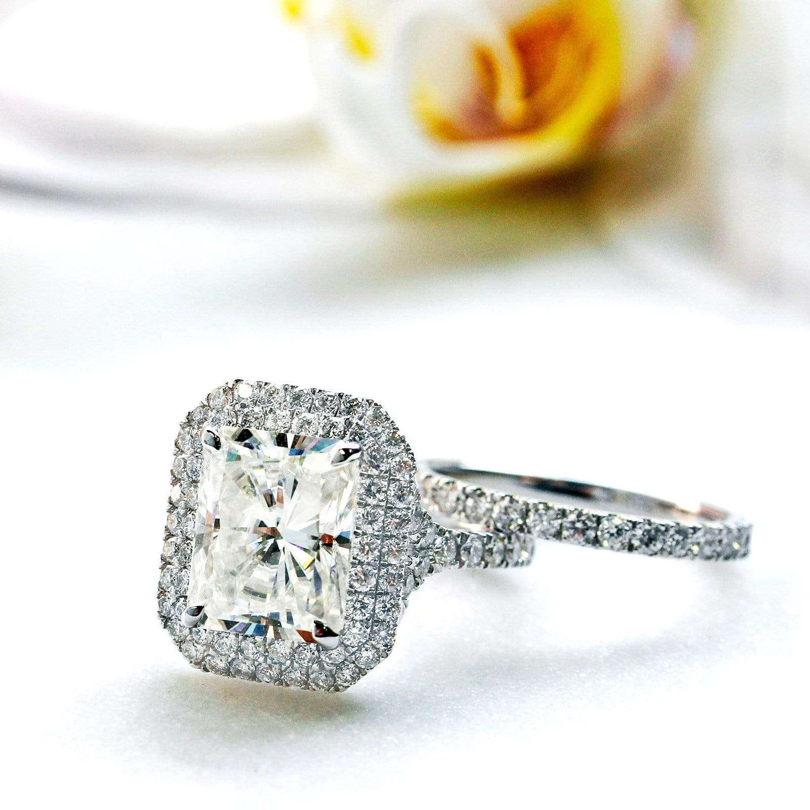 Kobelli 5 1/2 Carats Large Radiant Double Halo Moissanite and Diamond Rings