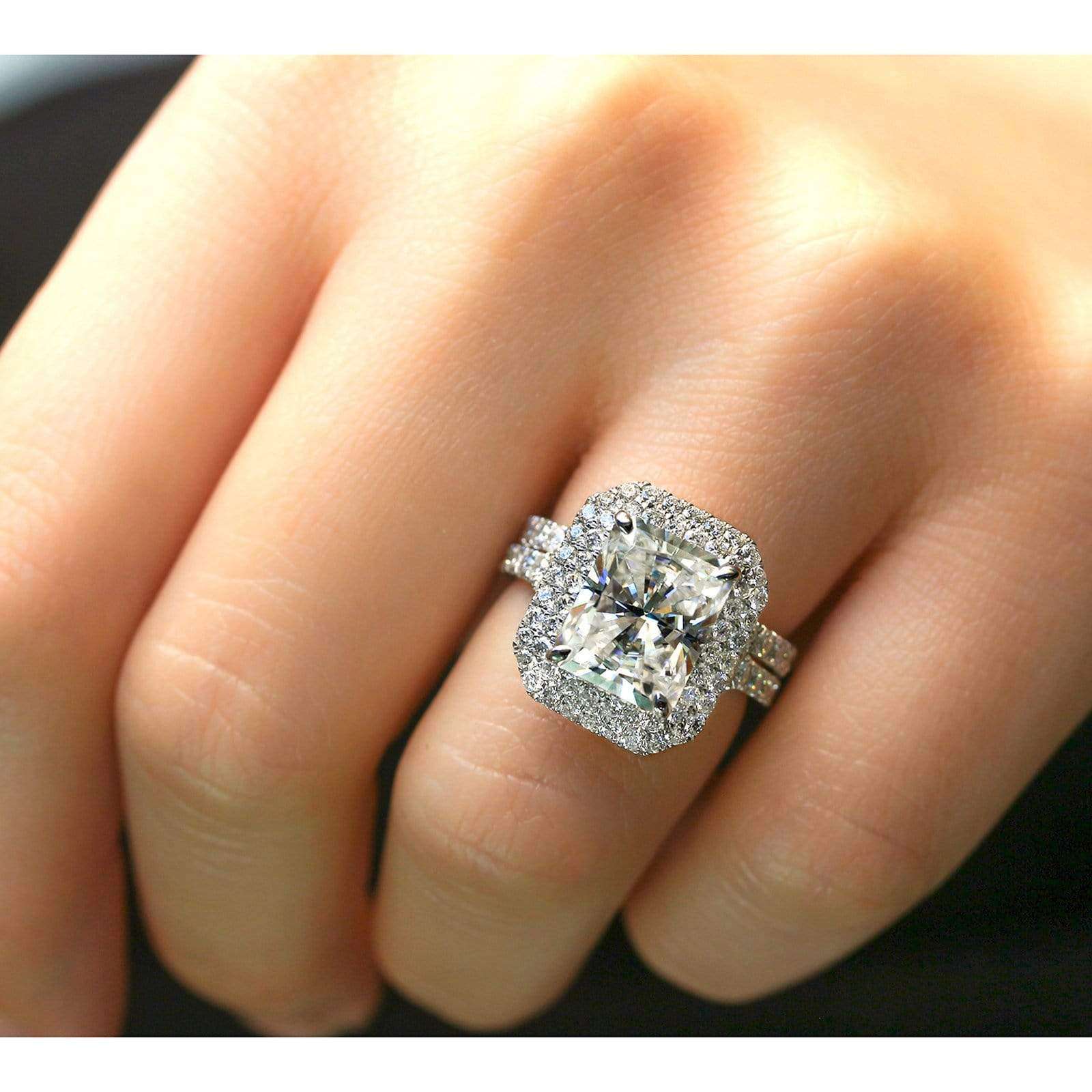 Kobelli 5 1/2 Carats Large Radiant Double Halo Moissanite and Diamond Rings