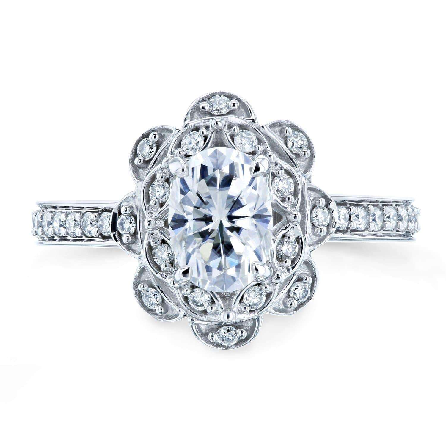 Kobelli Oval Moissanite and Diamond Halo Floral Vintage Engagement Ring 1 1/6 CTW 14k White Gold (HI/VS, GH/I)