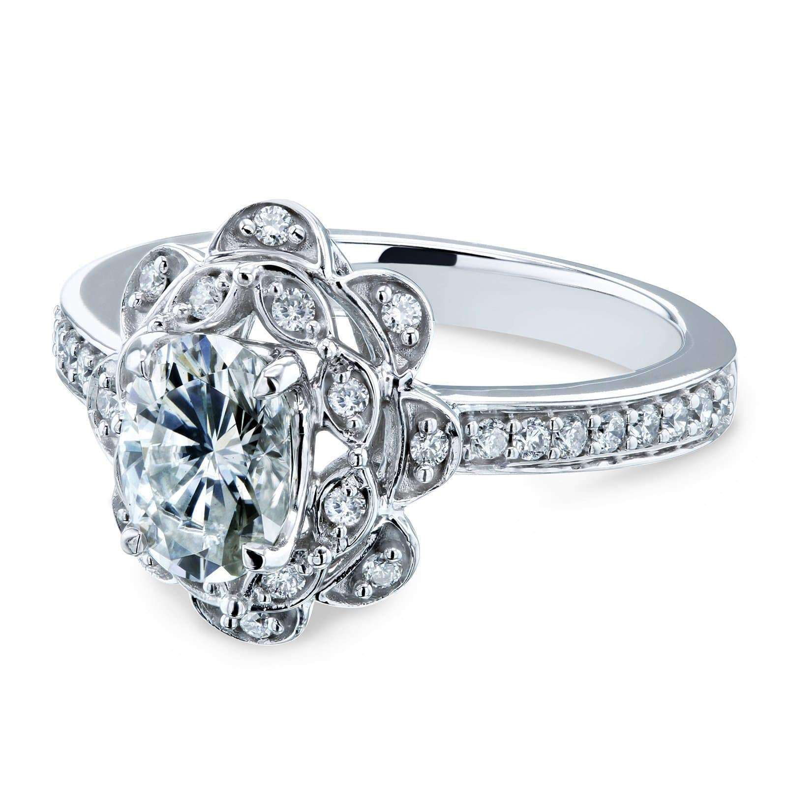 Kobelli Oval Moissanite and Diamond Halo Floral Vintage Engagement Ring 1 1/6 CTW 14k White Gold (HI/VS, GH/I)