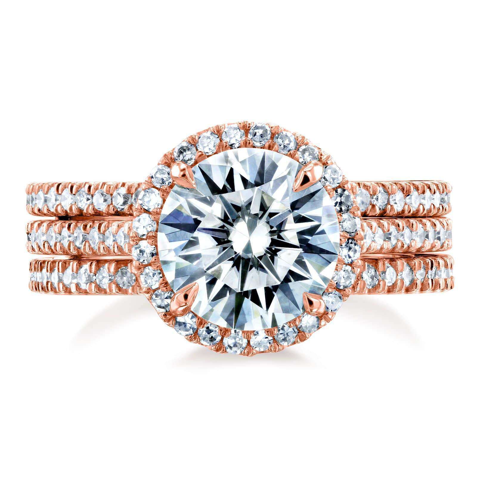 Kobelli Round Brilliant Moissanite and Diamond Halo 3-Piece Bridal Rings Set 2 1/2 CTW 14k Rose Gold