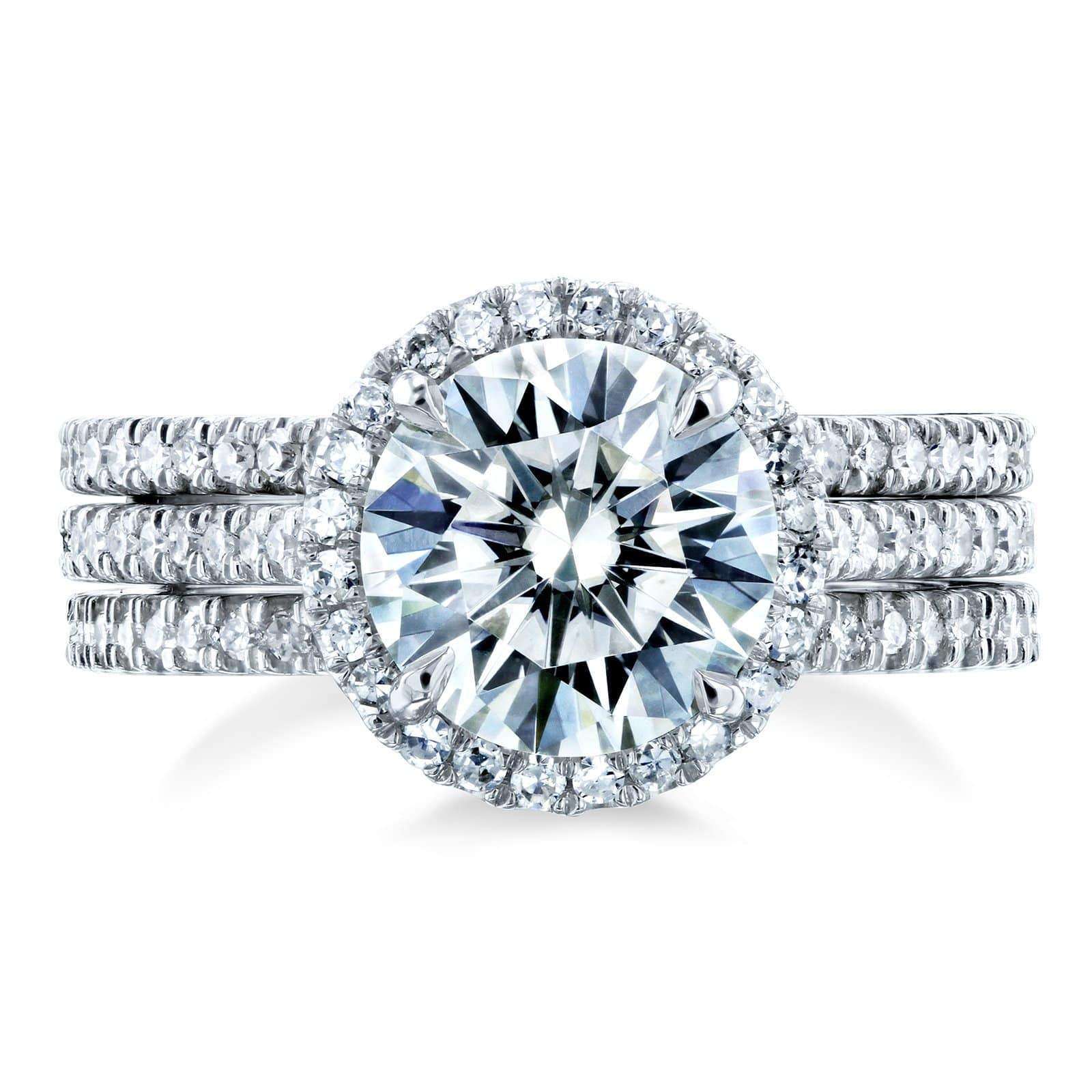 Kobelli Round Brilliant Moissanite and Diamond Halo 3-Piece Bridal Rings Set 2 1/2 CTW 14k White Gold