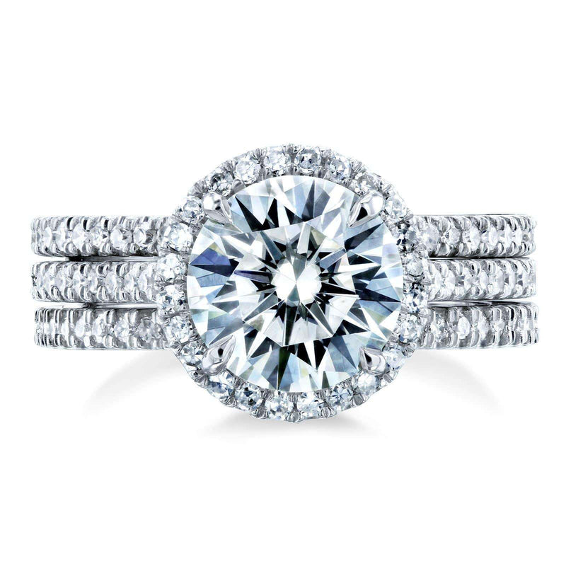 Conjunto de anéis de noiva de 3 peças Kobelli redondo brilhante moissanite e diamante Halo 2 1/2 CTW ouro branco 14k
