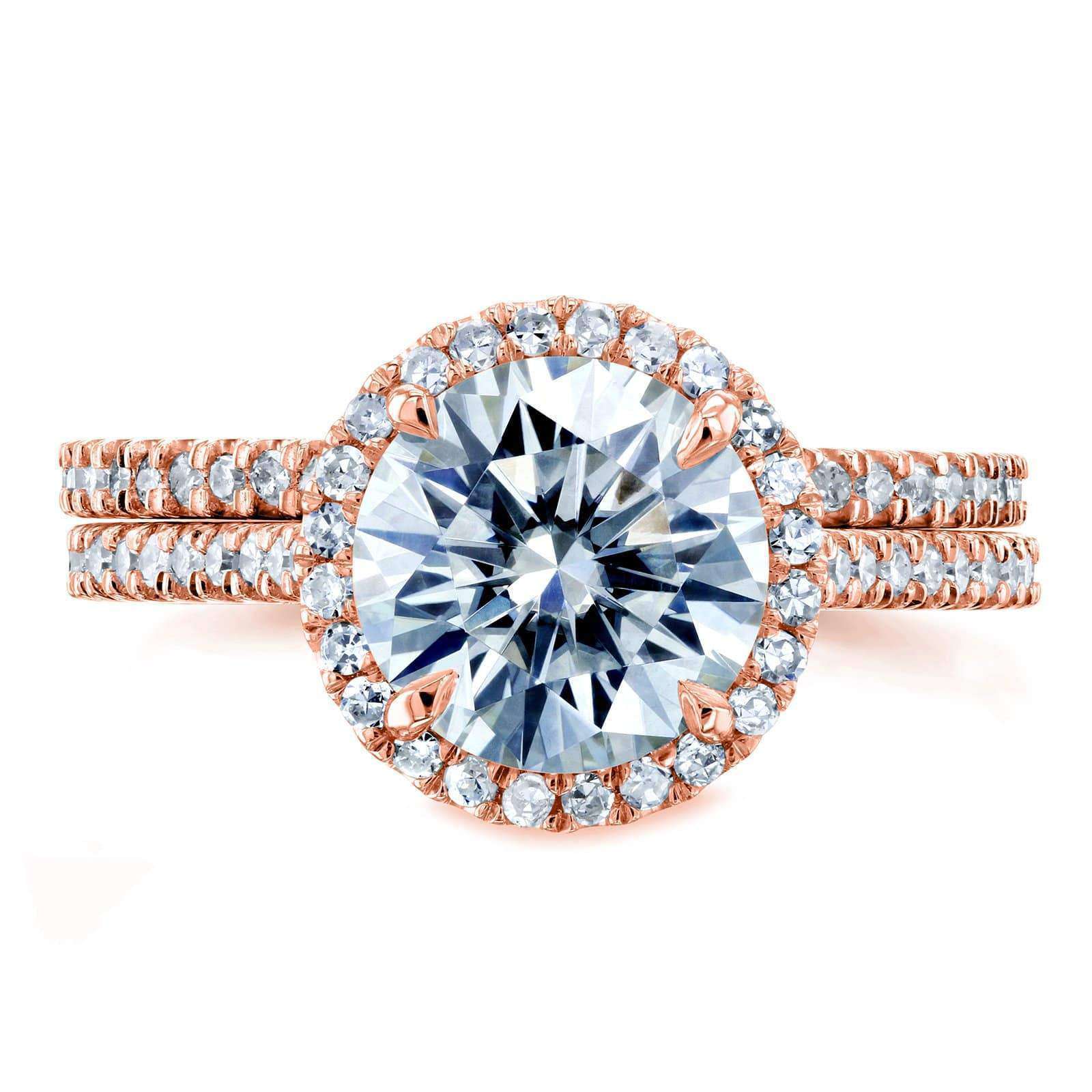 Kobelli Round Brilliant Moissanite and Diamond Halo Bridal Wedding Rings Set 2 1/3 CTW 14k Rose Gold