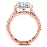 Conjunto de alianças de casamento Kobelli redondas brilhantes de moissanite e diamante Halo 2 1/3 CTW ouro rosa 14k
