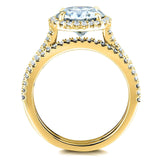 Conjunto de alianças de casamento Kobelli redondas brilhantes de moissanite e diamante Halo 2 1/3 CTW ouro amarelo 14k