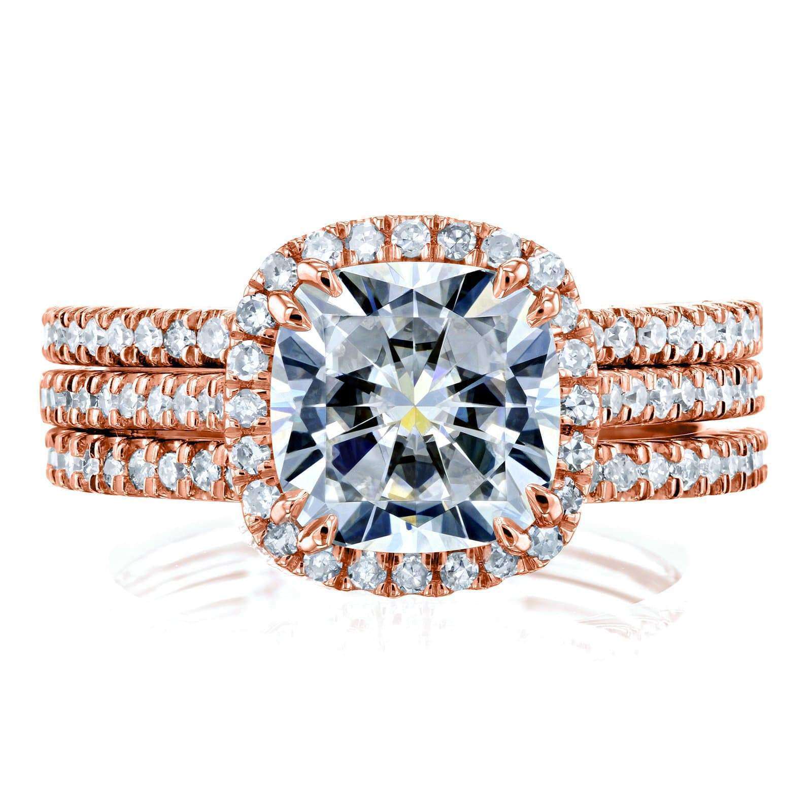 Kobelli Cushion Brilliant Moissanite and Diamond Halo Bridal Wedding Rings Set 2 1/2 CTW 14k Rose Gold