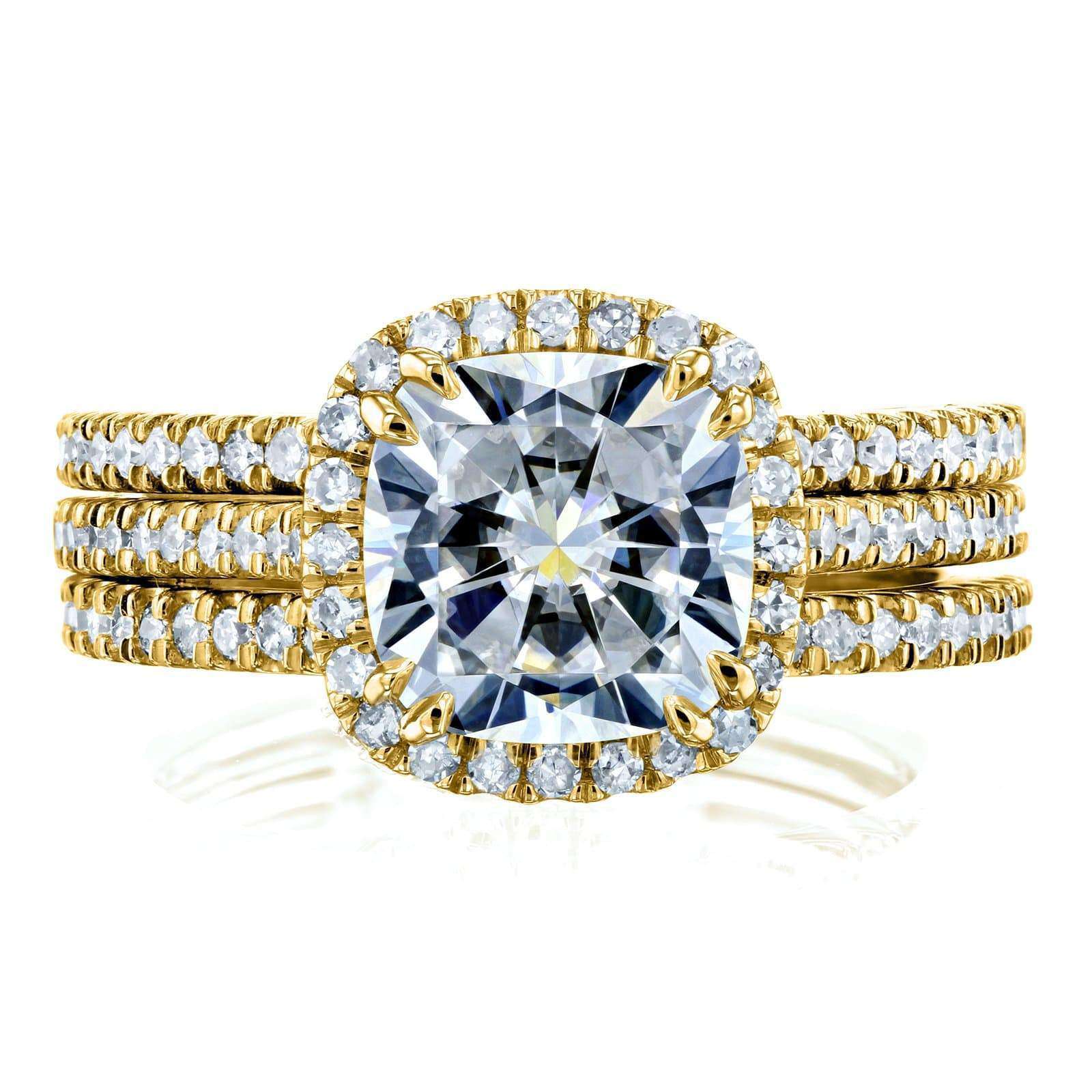 Kobelli Cushion Brilliant Moissanite and Diamond Halo Bridal Wedding Rings Set 2 1/2 CTW 14k Yellow Gold