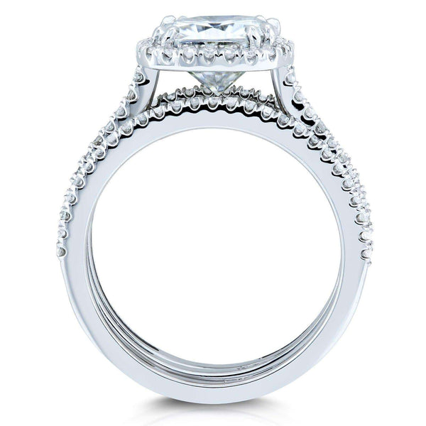 Kobelli Cushion Brilliant Moissanite and Diamond Halo Bridal Wedding Rings Set 2 1/2 CTW 14k White Gold