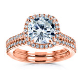 Cushion Brilliant Moissanite and Diamond Halo Bridal Wedding Rings Set 2 3/8 CTW 14k Rose Gold