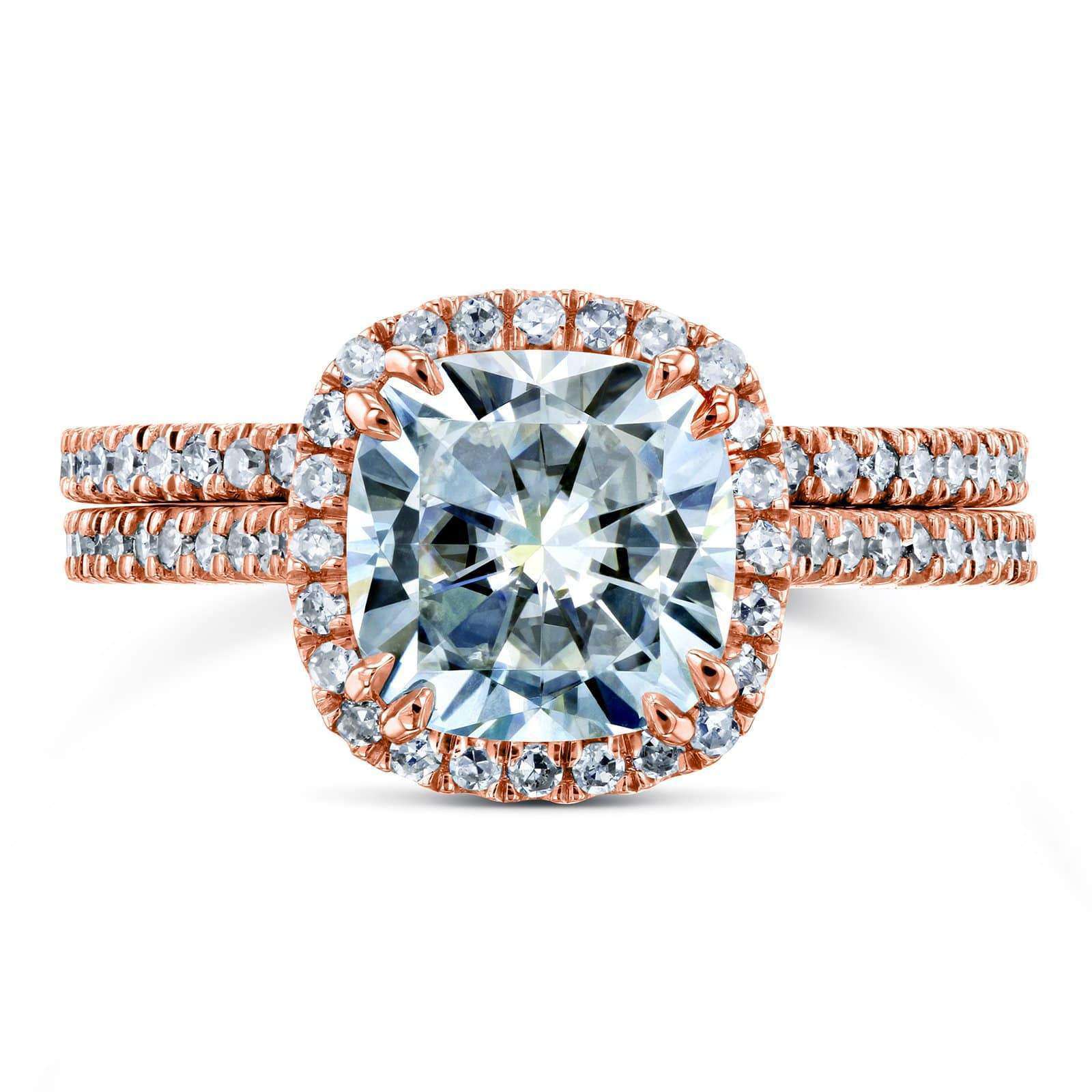 Kobelli Cushion Brilliant Moissanite and Diamond Halo Bridal Wedding Rings Set 2 3/8 CTW 14k Rose Gold