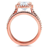 Conjunto de alianças de casamento Kobelli com almofada brilhante de moissanite e diamante Halo 2 3/8 CTW ouro rosa 14k