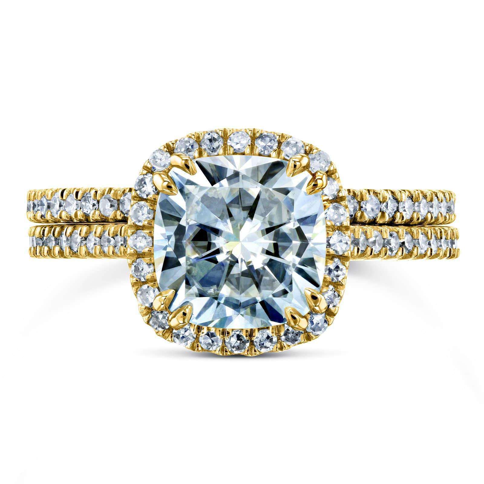 Kobelli Cushion Brilliant Moissanite and Diamond Halo Bridal Wedding Rings Set 2 3/8 CTW 14k Yellow Gold