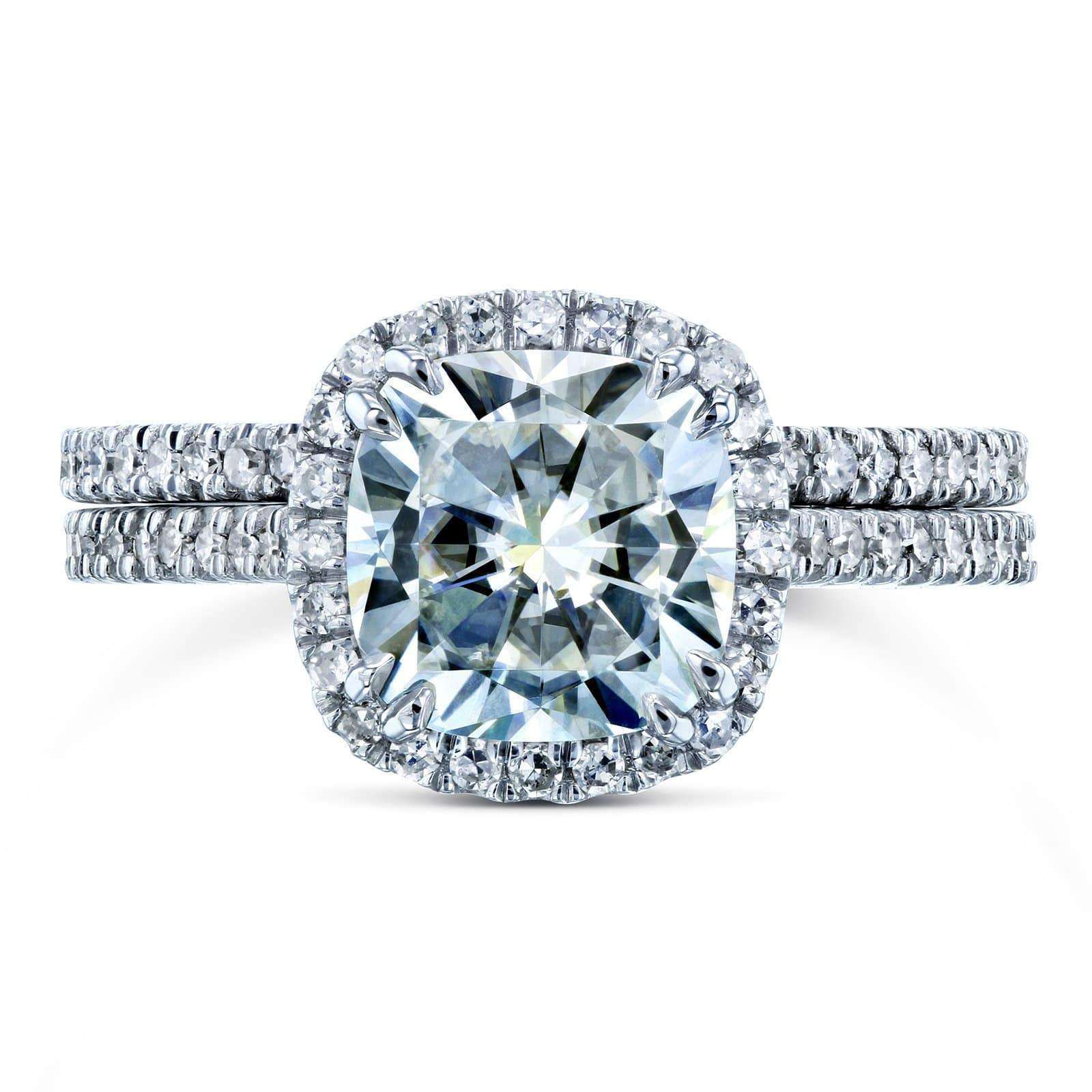 Kobelli Cushion Brilliant Moissanite and Diamond Halo Bridal Wedding Rings Set 2 3/8 CTW 14k White Gold