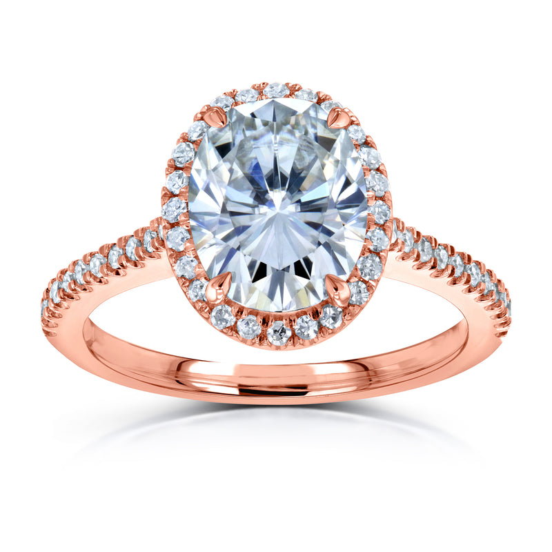 Forever One Oval Moissanite and Diamond Halo Engagement Ring 2 1/4 CTW 14k Rose Gold (DEF/VS, GH/I)