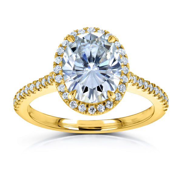 Forever One Oval Moissanite and Diamond Halo Engagement Ring 2 1/4 CTW 14k Yellow Gold (DEF/VS, GH/I)