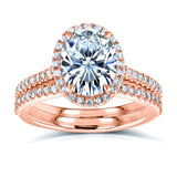 Conjunto de anéis de noiva ovais de moissanite e diamante Halo 2 3/8 CTW ouro rosa 14k