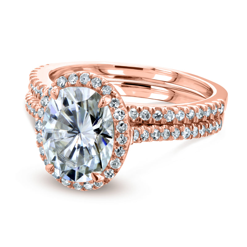 Oval Moissanite and Diamond Halo Bridal Rings Set 2 3/8 CTW 14k Rose Gold