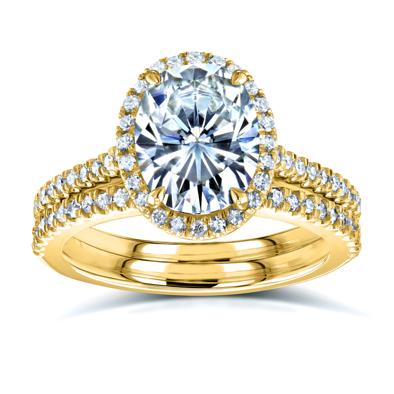 Conjunto de anéis de noiva ovais Forever One Moissanite e diamante Halo 2 3/8 CTW ouro amarelo 14k (DEF/VS, GH/I)